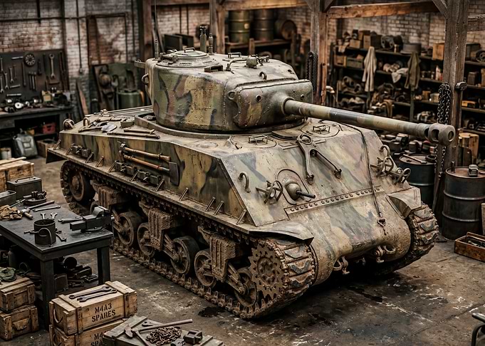 Camouflaged Tank in Workshop