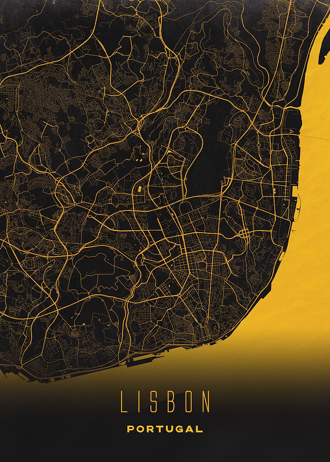 Lisbon, Portugal - Golden Coastline City Streets Map, Wall Art