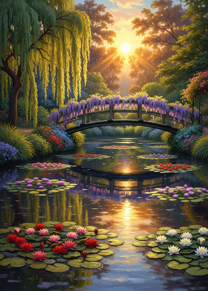 Enchanting Garden Bridge with Water Lilies