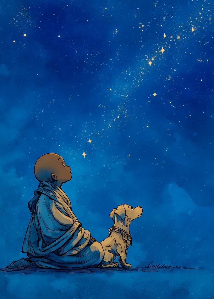 Monk and Dog Gazing at Stars
