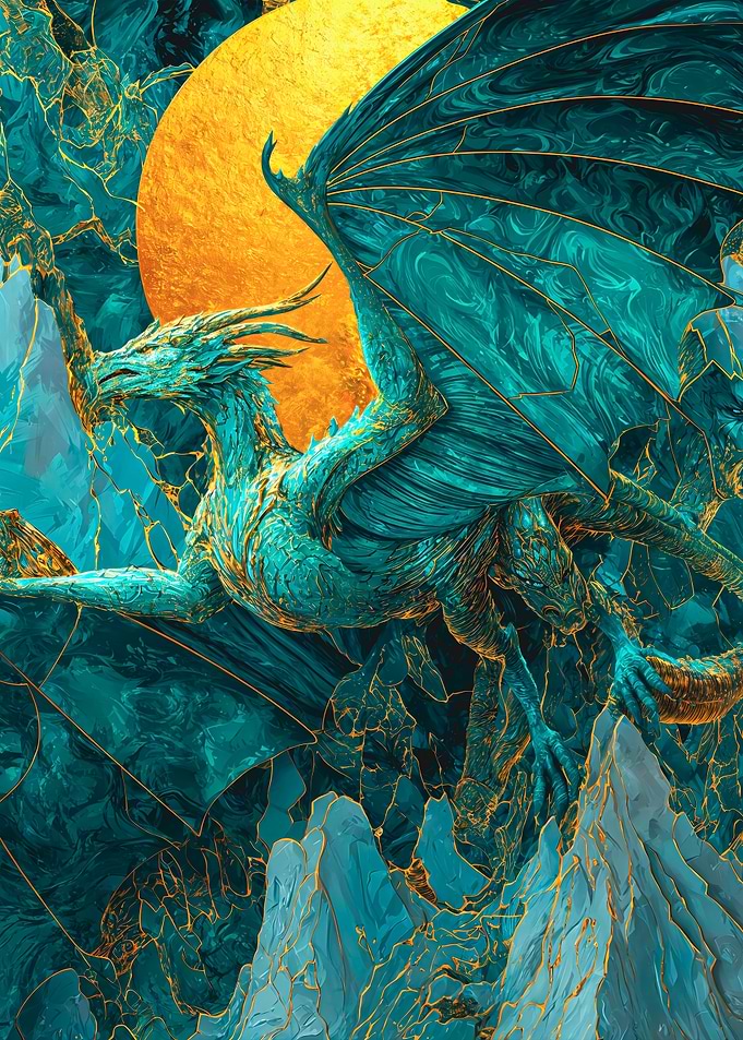 Turquoise Dragon Gold Sun Art
