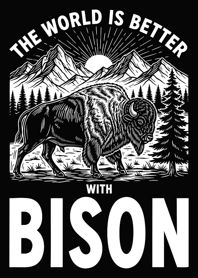 Bison in Mountain Landscape with Text