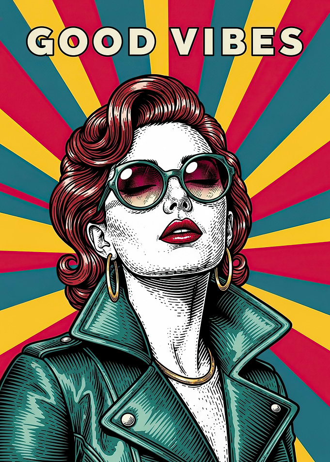 Retro Woman with Sunglasses and 'Good Vibes'