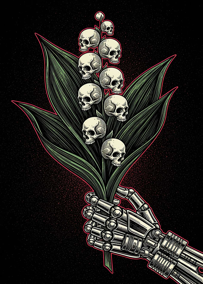 Robotic Hand Holding Skull Lily of the Valley