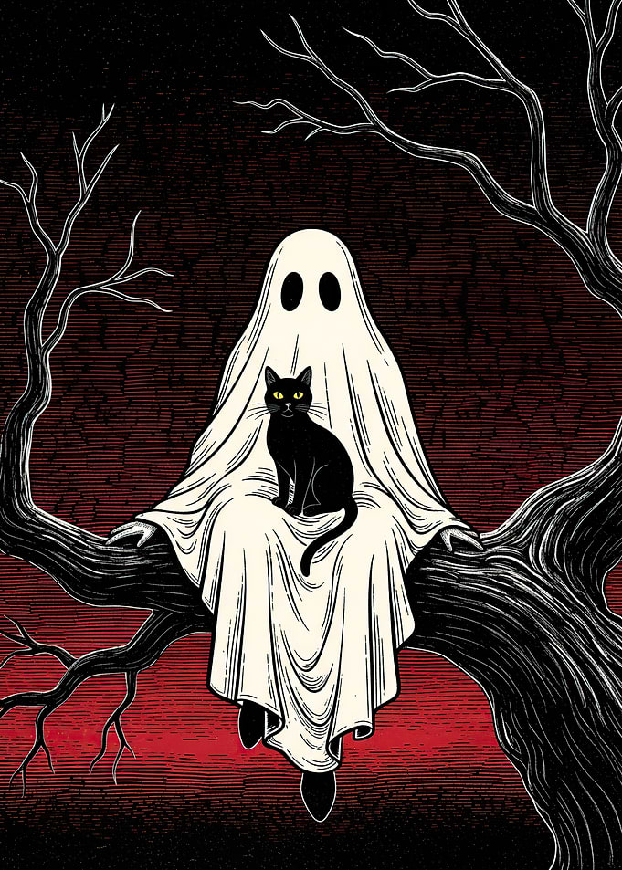 Ghost and Black Cat on Tree Branch