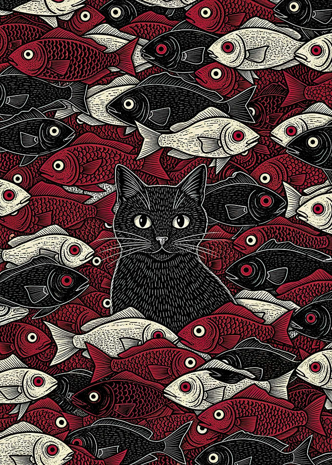 Black Cat Surrounded by Fish