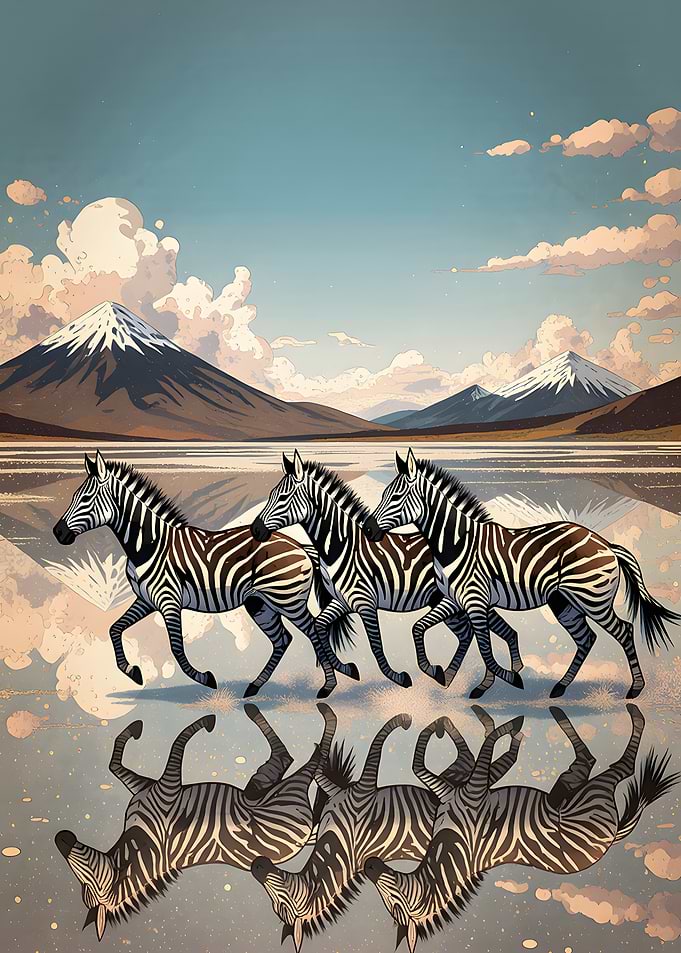 Zebras reflected in water with mountains