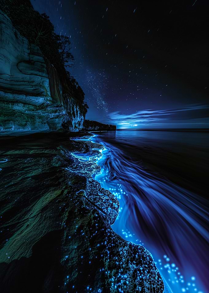 Bioluminescent Beach at Night