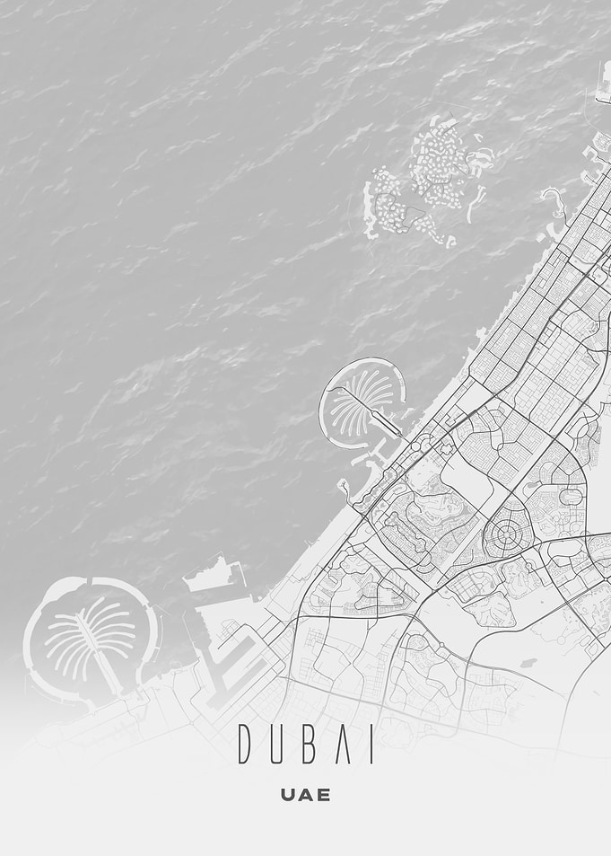 Dubai, UAE - Minimal White Palm City Streets Map, Wall Art Print