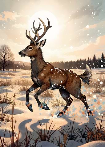 Majestic Deer Running Through Snowy Landscape