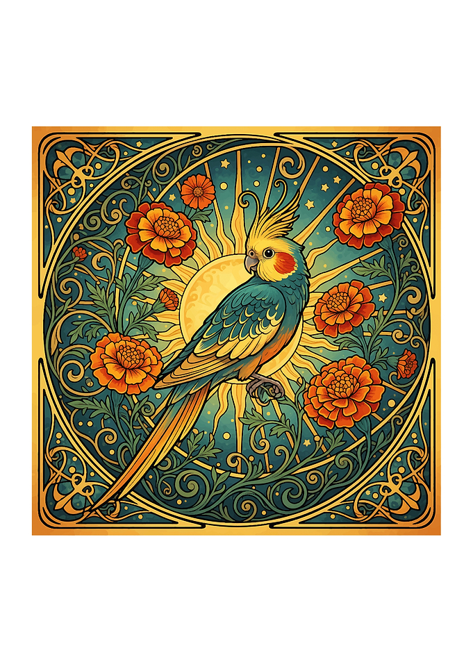 Art Nouveau Cockatiel with Sun and Flowers