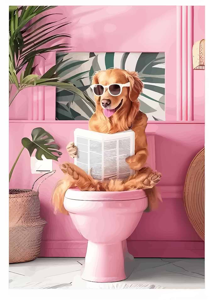 Dog reading newspaper on toilet