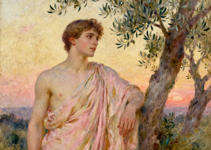 Young man in a toga by an olive tree