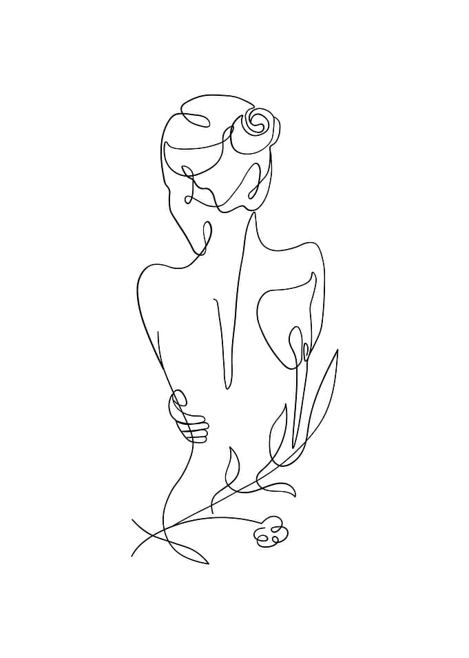Minimalist Line Art of Woman with Flowers