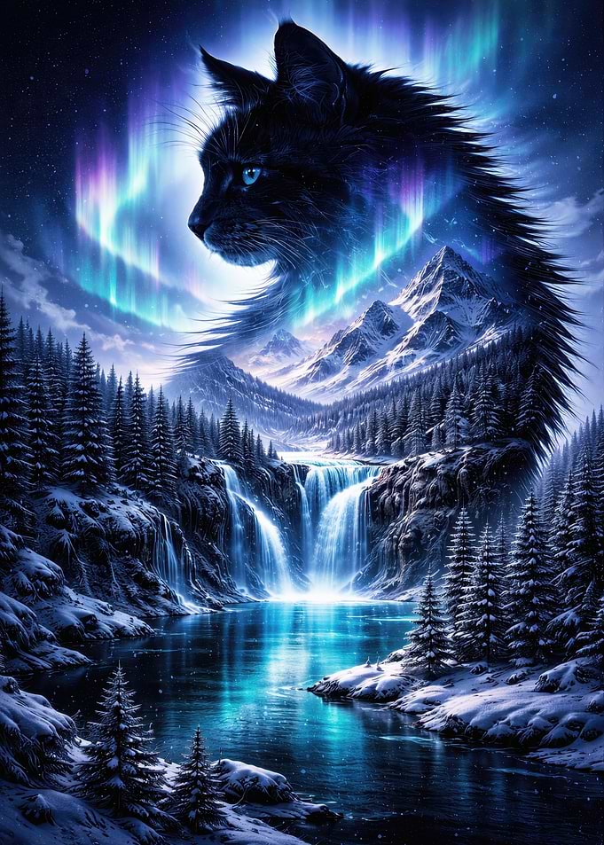 Black Cat Aurora Winter Landscape