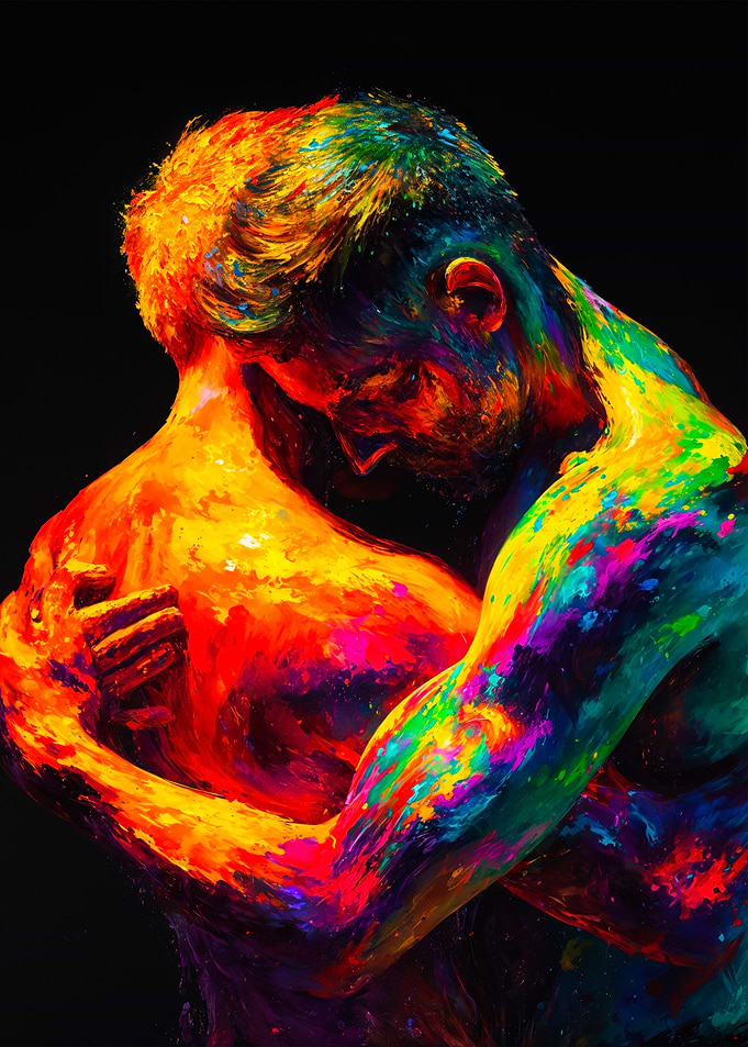 Colorful Abstract Gay Couple Embrace