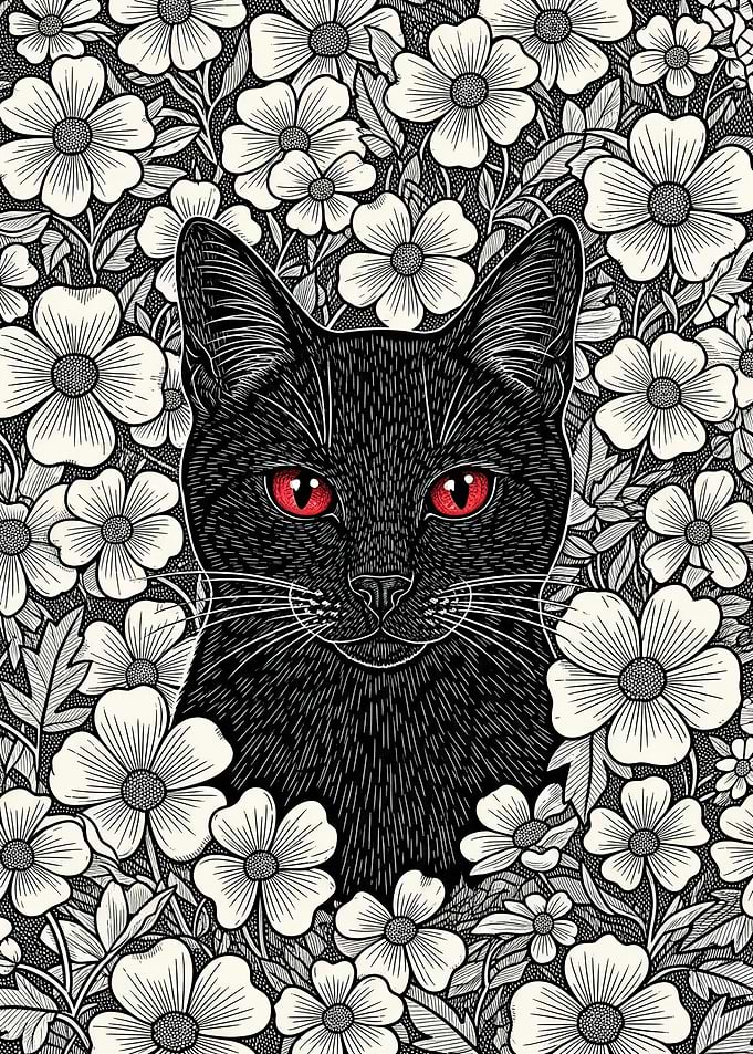 Black Cat with Red Eyes in Flowers