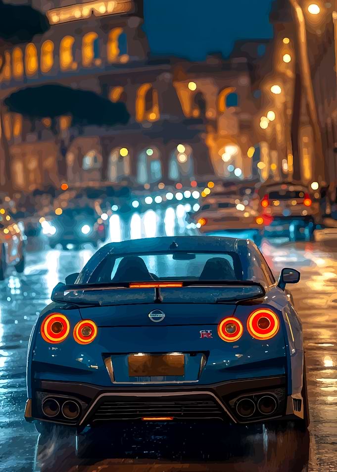 Blue Nissan GT-R in a Rainy City at Night