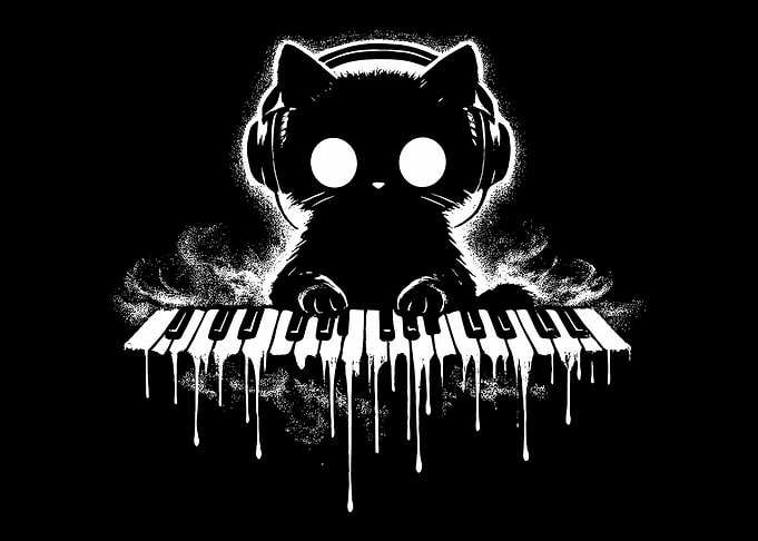 Black Cat Piano Poster, Surreal Music Wall Art, Melting Keys Gothic Print