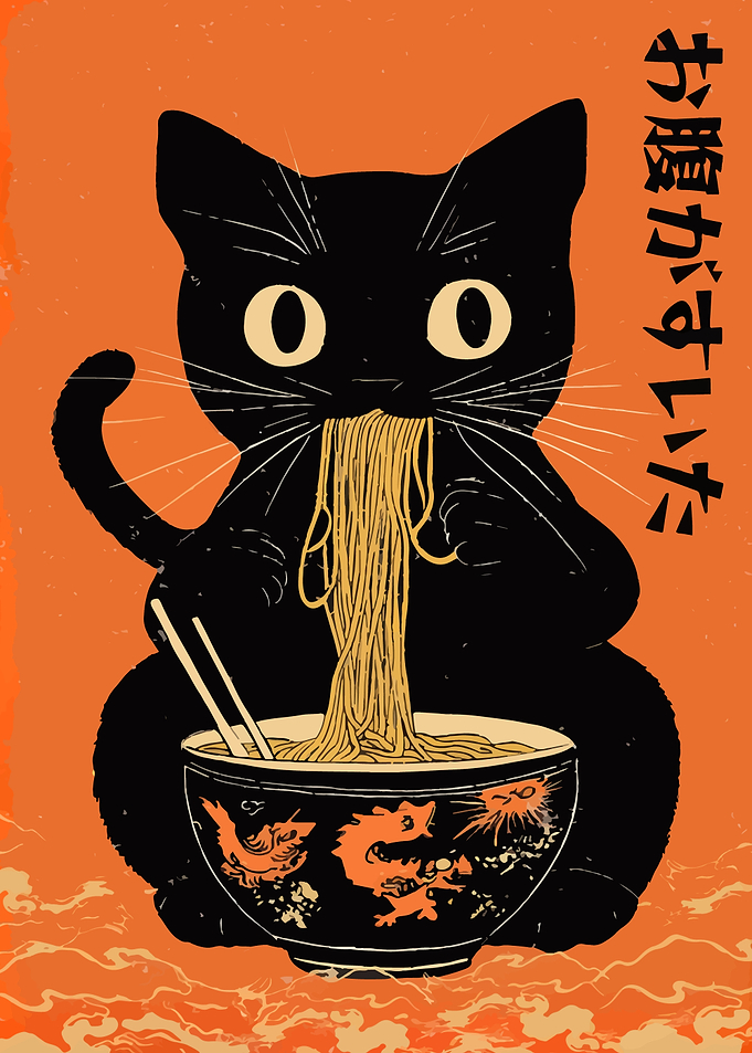 Black Cat Eating Ramen