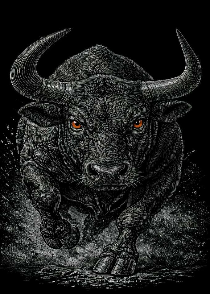 Aggressive Black Bull Charging Forward