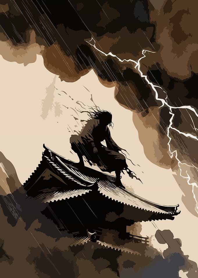 Samurai in Storm on Rooftop