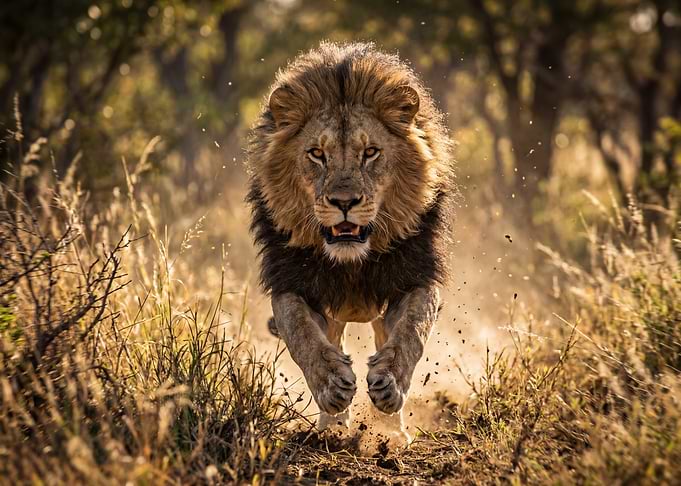 Lion running towards the camera