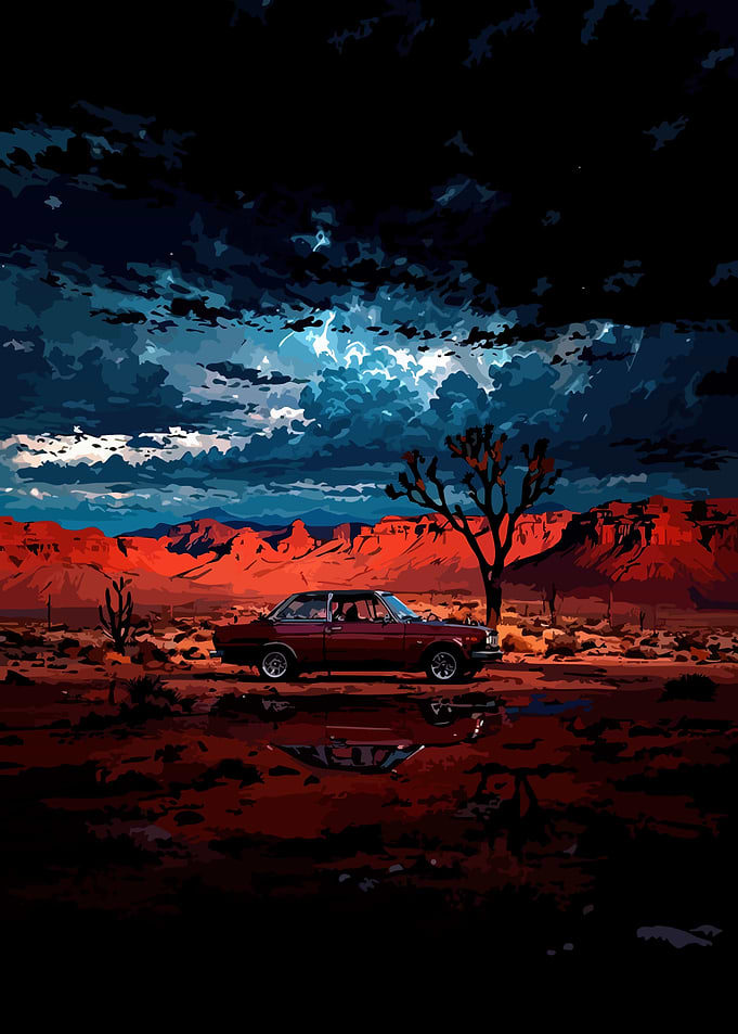 Desert Car Reflection Under Stormy Sky