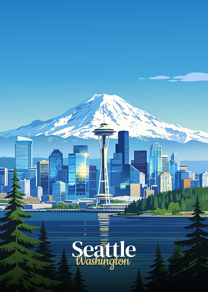Seattle Skyline with Mountain and Water
