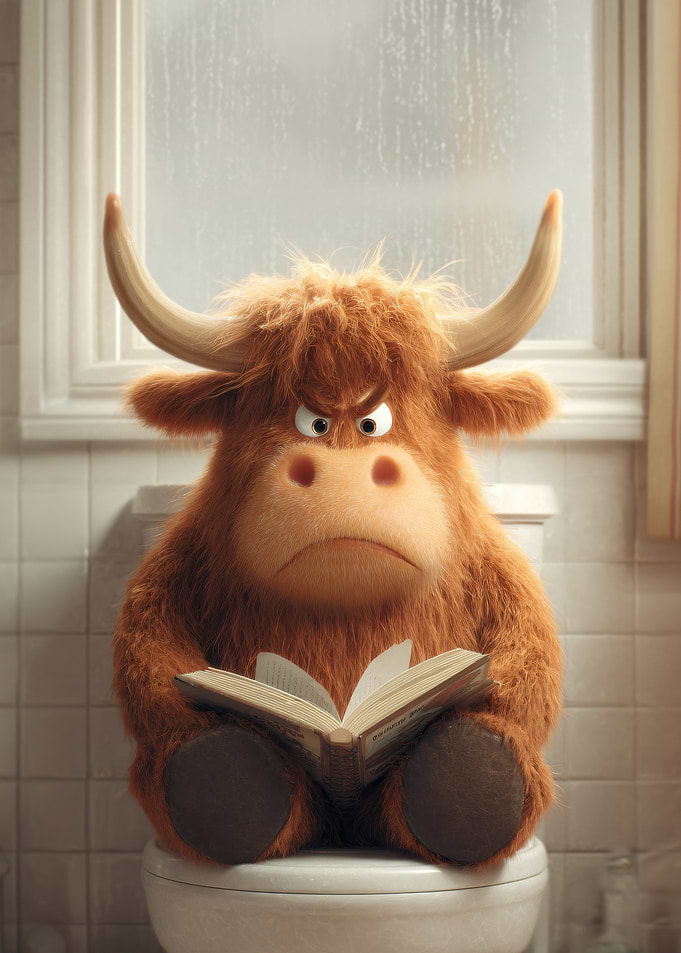 Grumpy Highland Cow Reading on Toilet