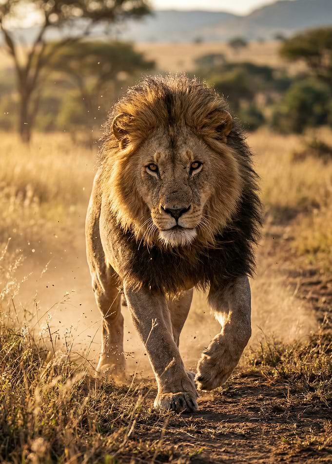 Lion running in the savanna