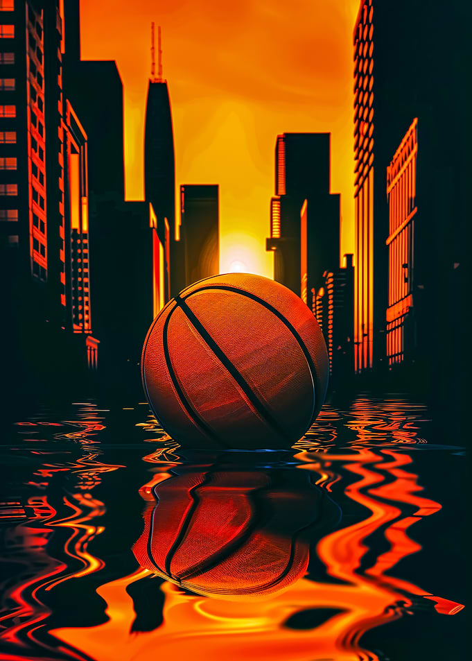 Basketball in City Sunset