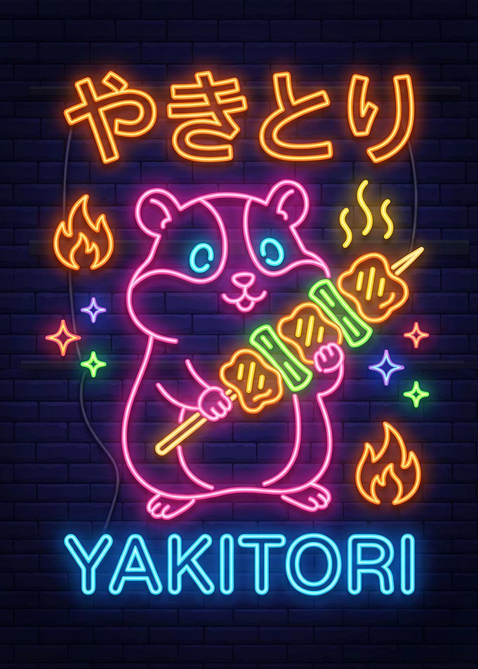 Cute Hamster with Yakitori Neon Sign