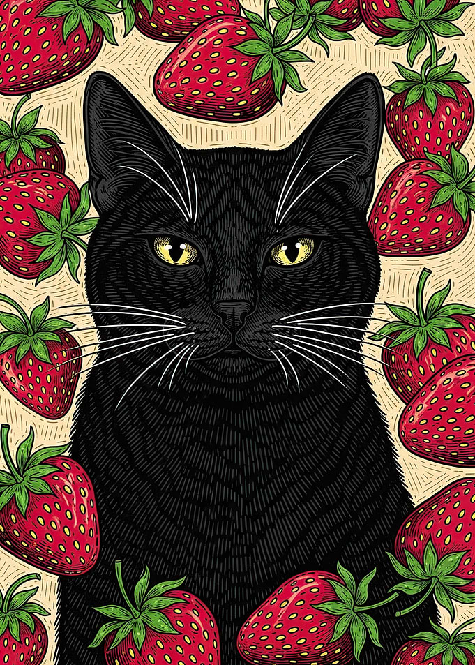 Black Cat Surrounded by Strawberries