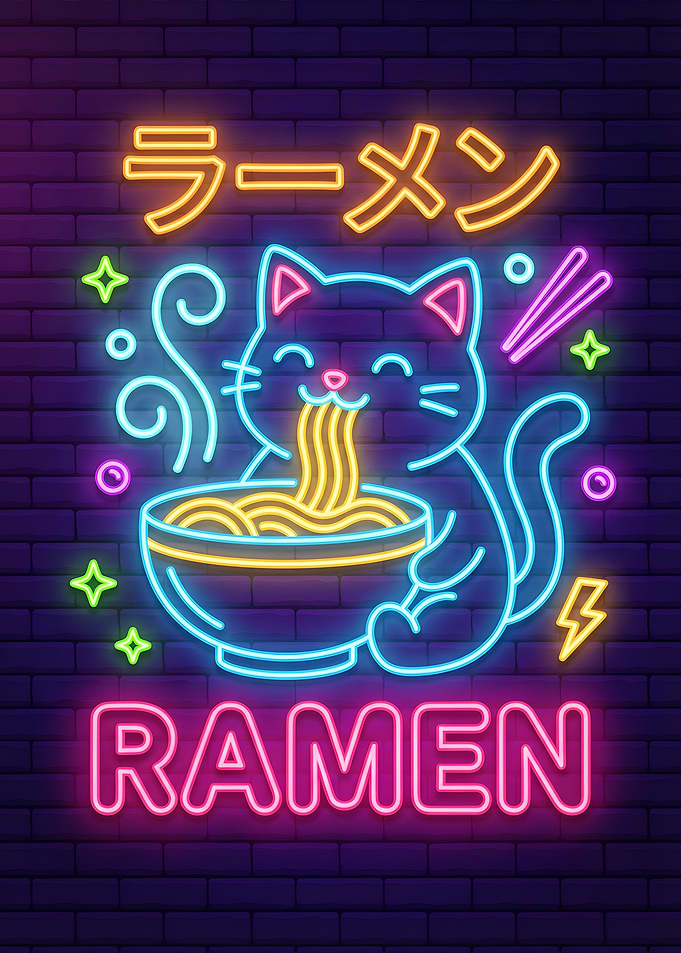 Neon Cat Eating Ramen