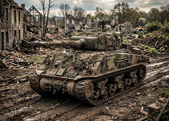 Sherman Tank in Ruined Village