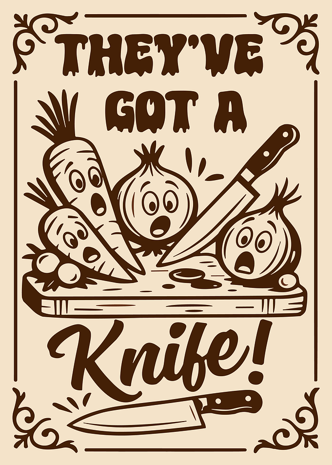 They’ve Got a Knife Poster, Funny Carrot Onion Wall Art, Vintage Kitchen Humor Print