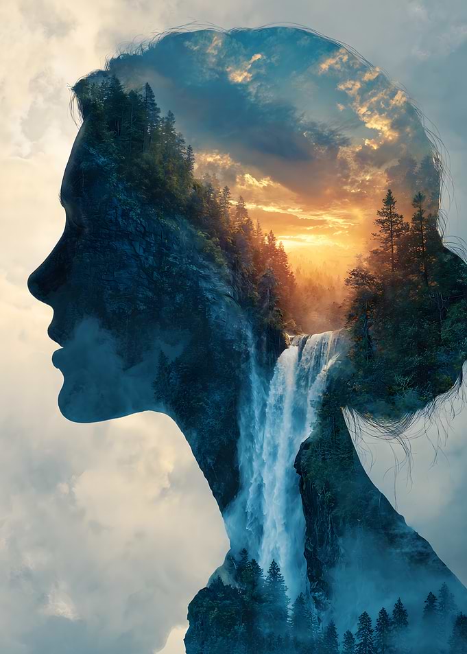 Double Exposure of Woman and Waterfall Landscape