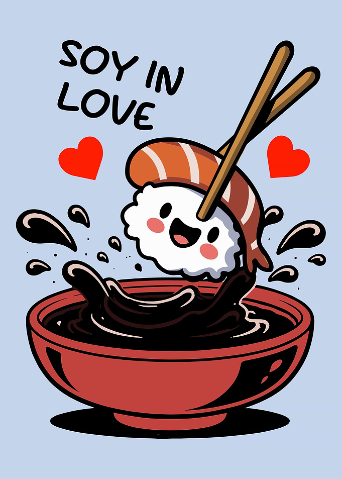 Soy In Love Sushi Poster, Cute Kawaii Food Wall Art, Funny Japanese Kitchen Print