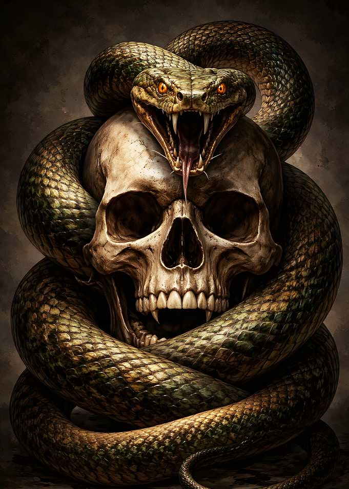 Snake coiled around a skull