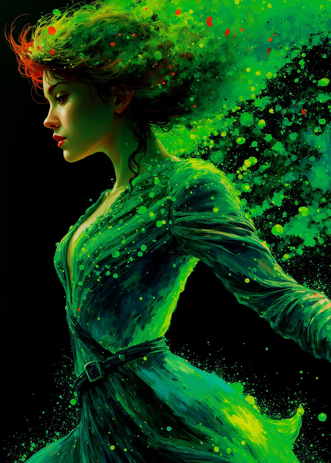 Woman dissolving into green energy