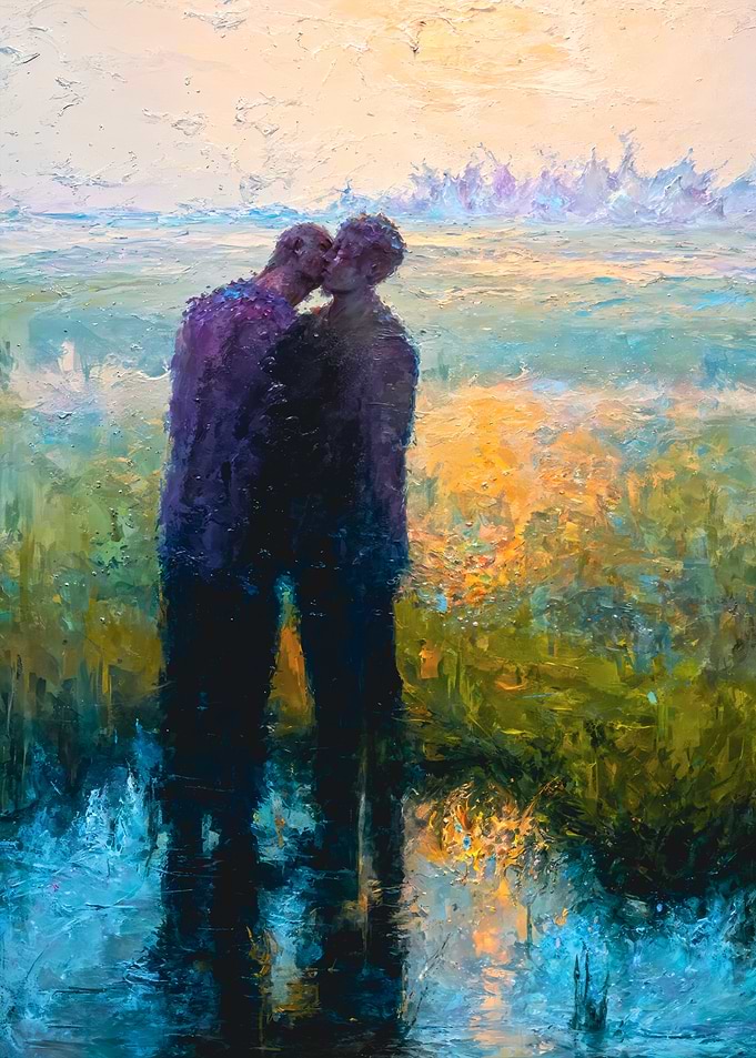 Impasto Romantic Gay Couple Kiss