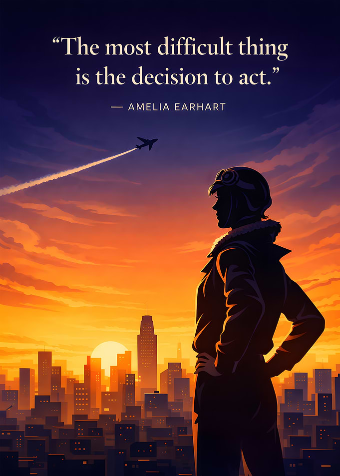 Amelia Earhart quote with cityscape