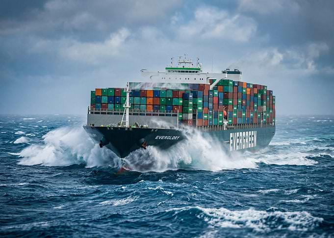 Evergreen Container Ship Navigating Rough Seas