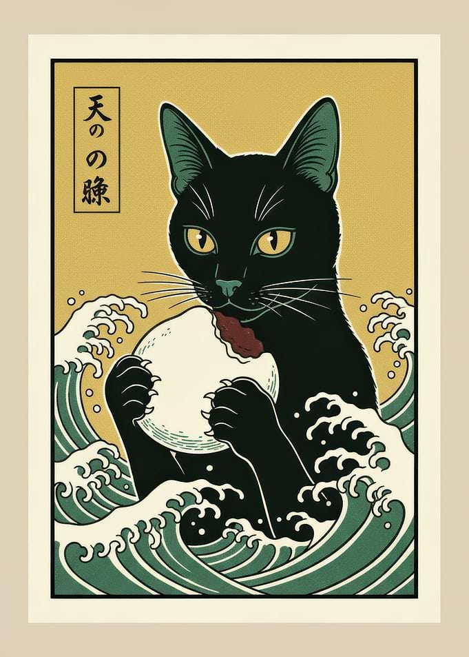 Black Cat in Japanese Wave Art