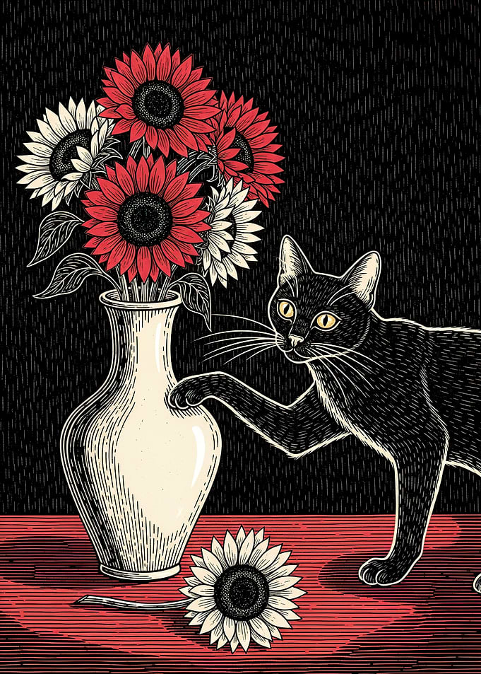 Black Cat and Sunflowers