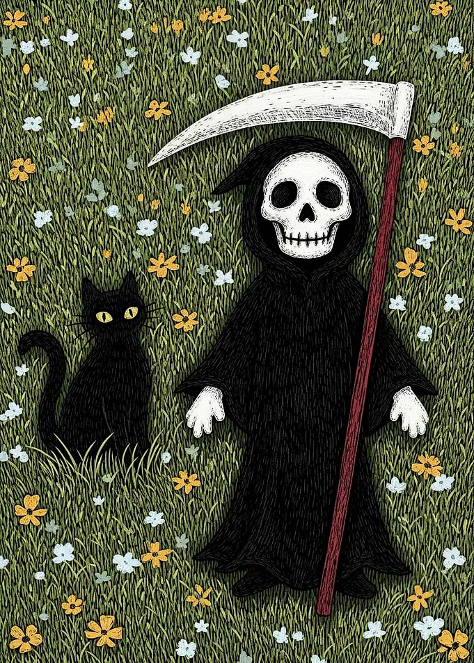 Grim Reaper and Black Cat in a Field