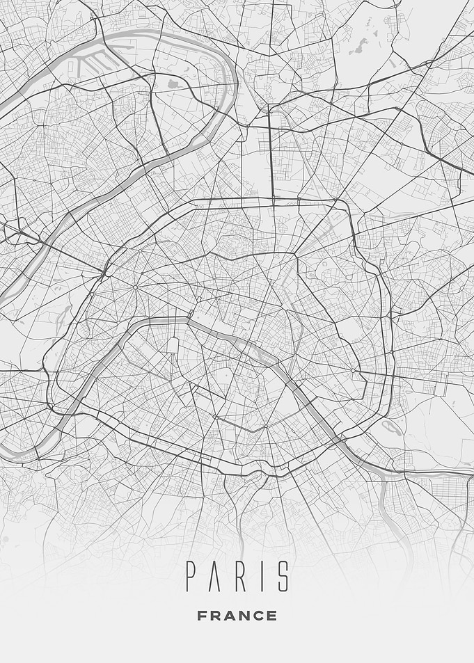 Paris, France - Minimal City Streets Map, Wall Art Print