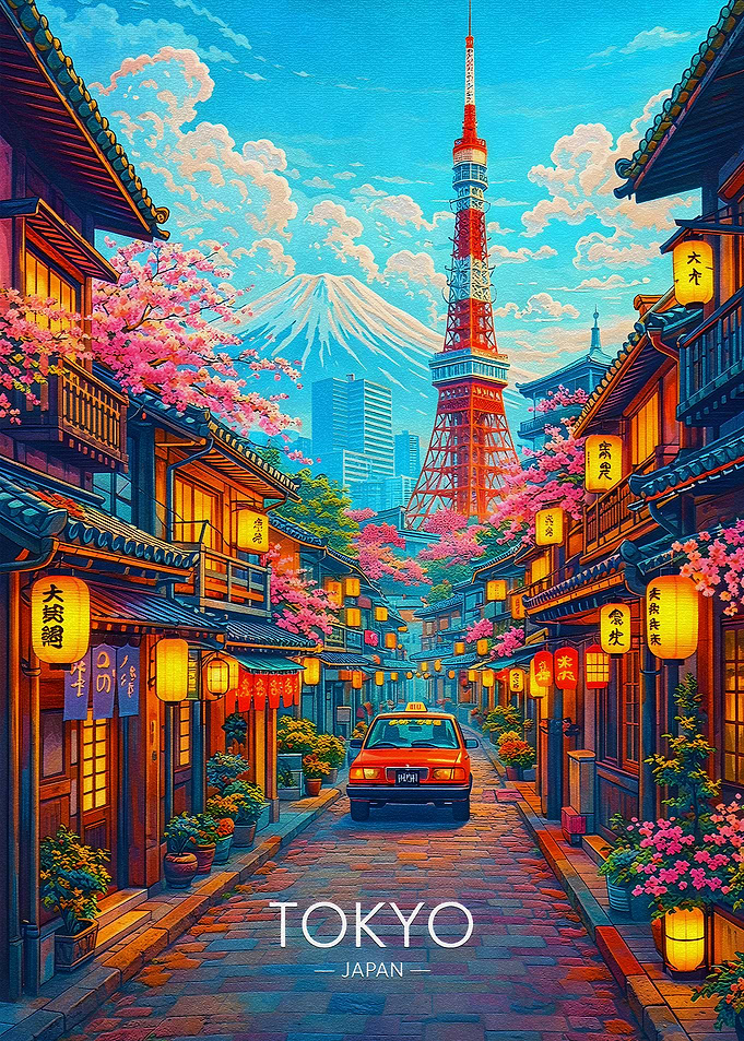 Tokyo Street Scene with Mount Fuji