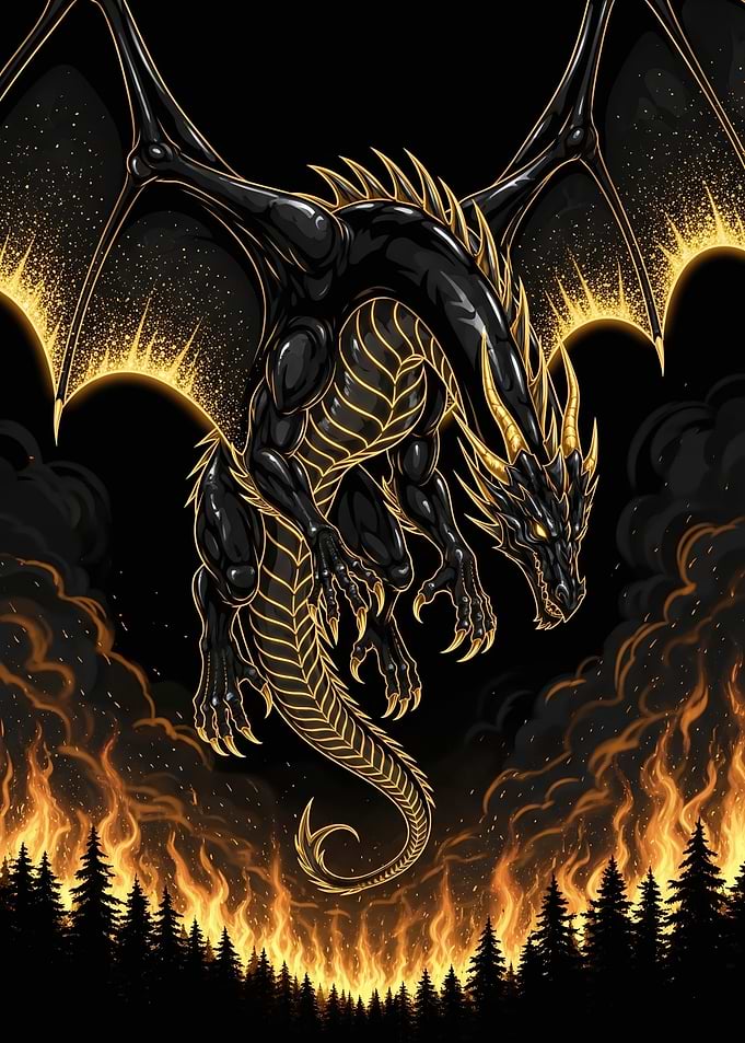 Black and Gold Dragon Over Fire